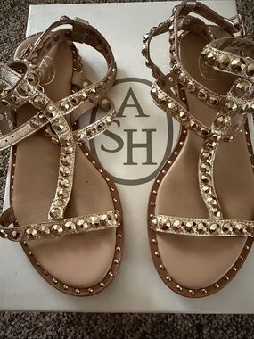 ASH Gold Studded T-Strap Gladiator Sandals